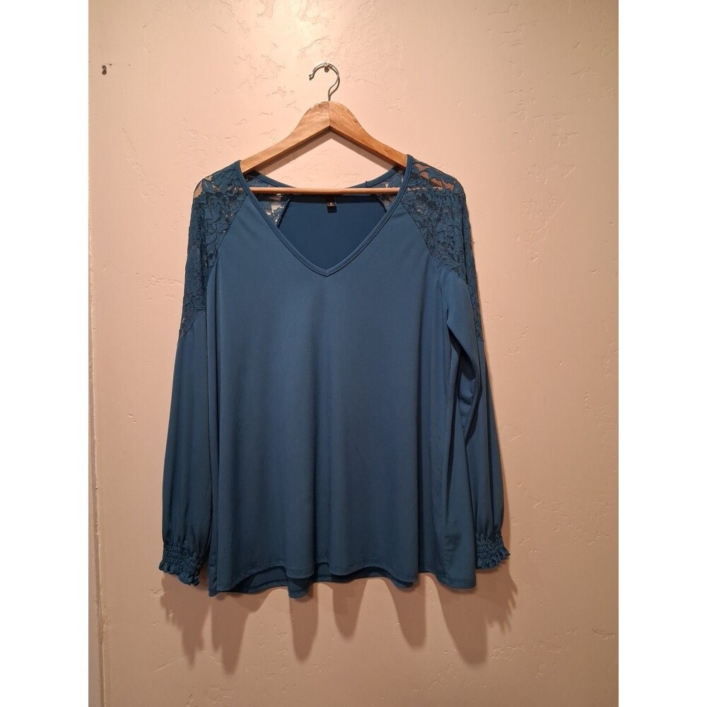 Torrid Studio Knit Lace Shoulder Top Teal Blue Size 0 L 12 Mature Career Dressy